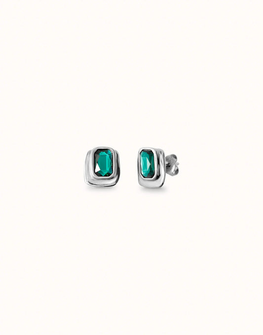 UNOde50 Ser Magnetica Silver Earrings with Green Crystal on a white background