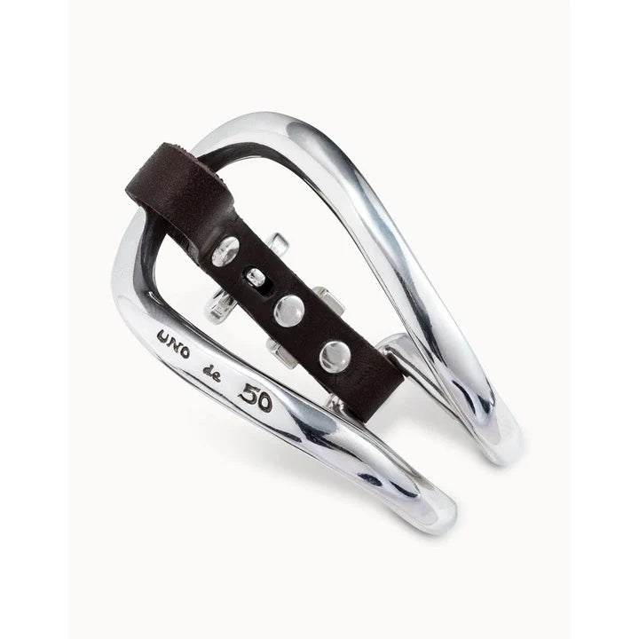 Inside view of the UNOde50 Bocado Silver Bent Loop Bracelet with Leather Buckle Clasp