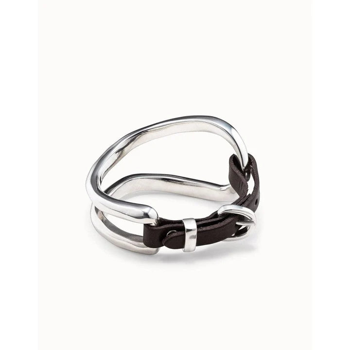 Back view of the UNOde50 Bocado Silver Bent Loop Bracelet showing the detail of the brown Leather Buckle Clasp