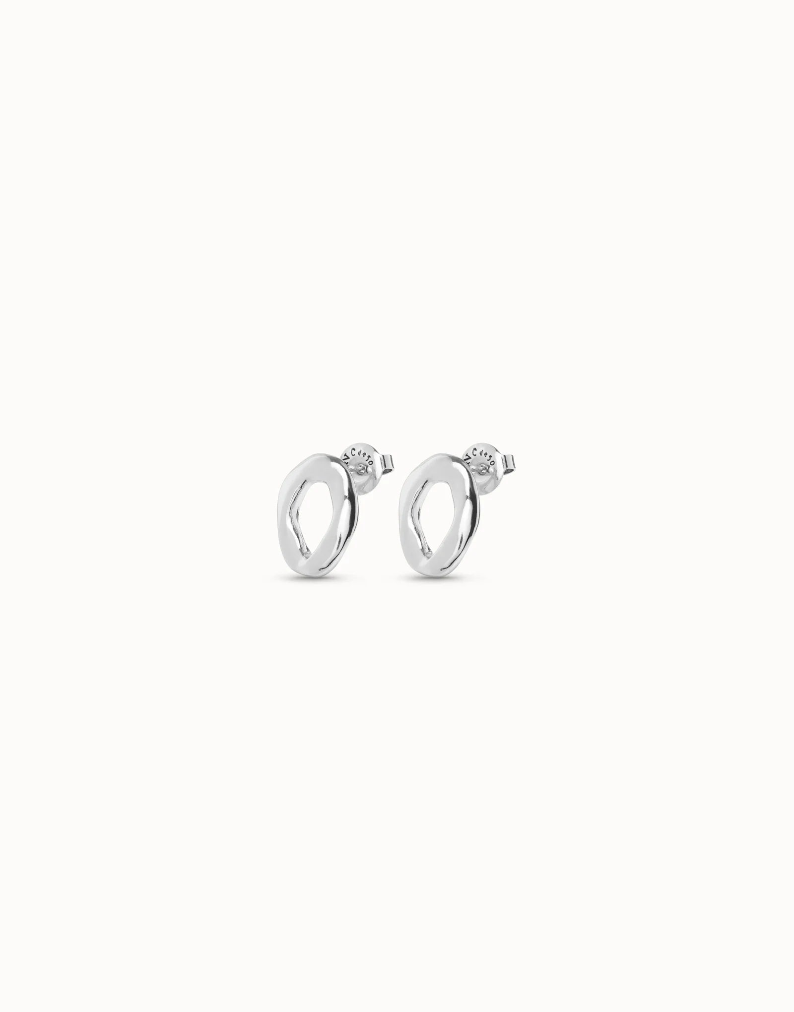 UNOde50 Joy of Living Oval Link Shape Stud Silver Earrings side view with back clasps  on white background