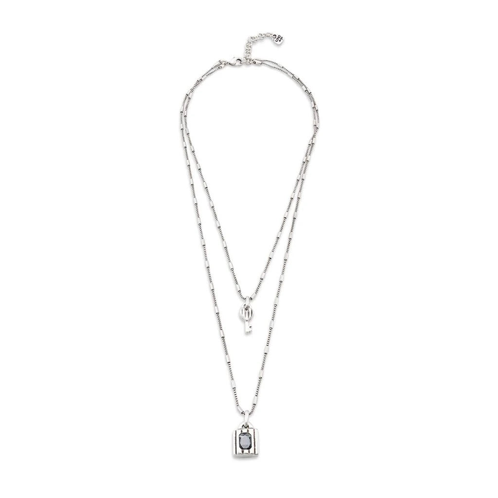 UNOde50 Lock Silver Double Strand Necklace with Key and Lock with Crystal on a white background