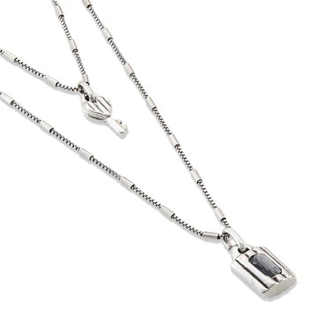 UNOde50 Lock Silver Double Strand Necklace with Key and Lock with Crystal on a white background