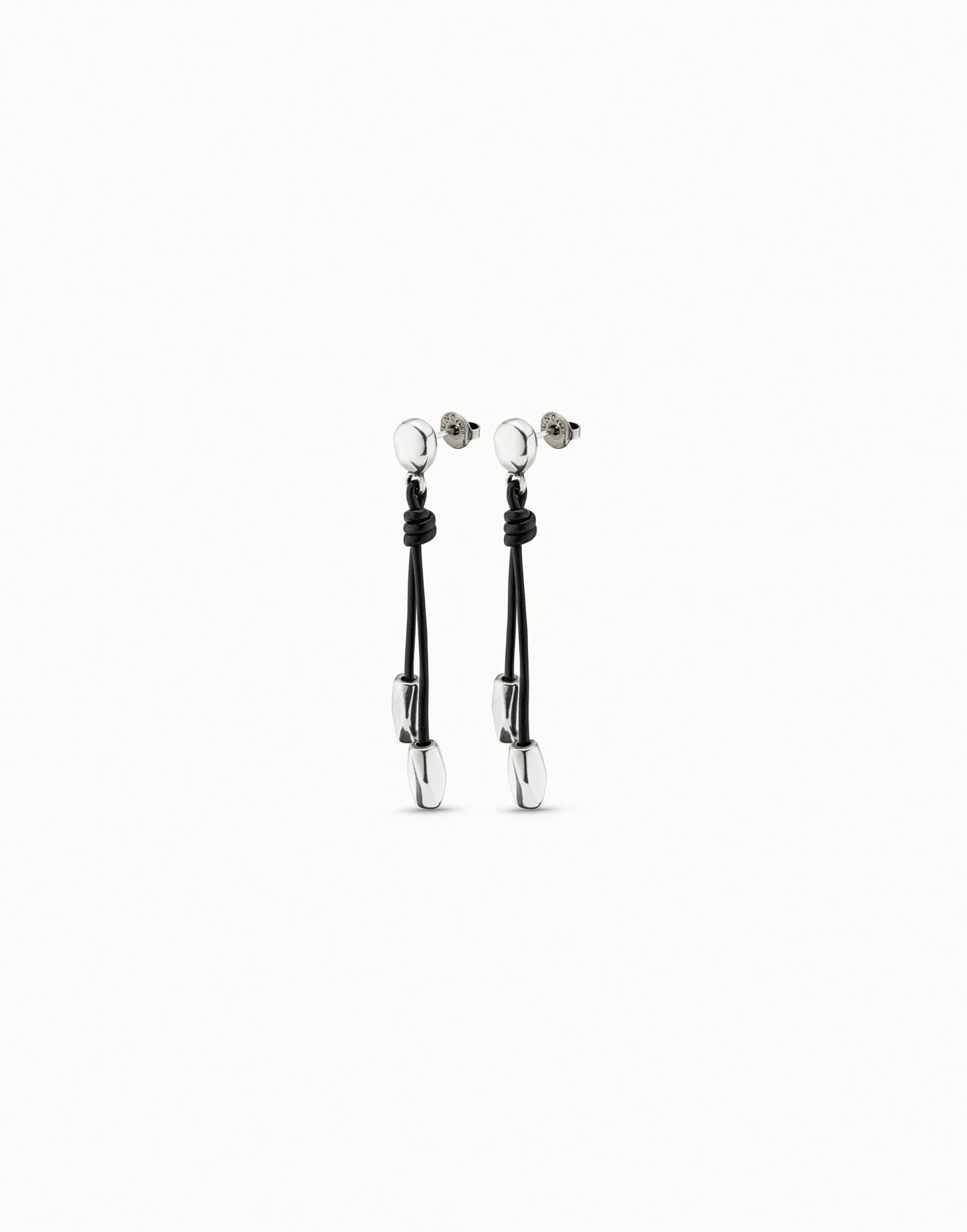 UNOde50 Path Black Leather and Silver Drop Earrings showing that back stud on a white background
