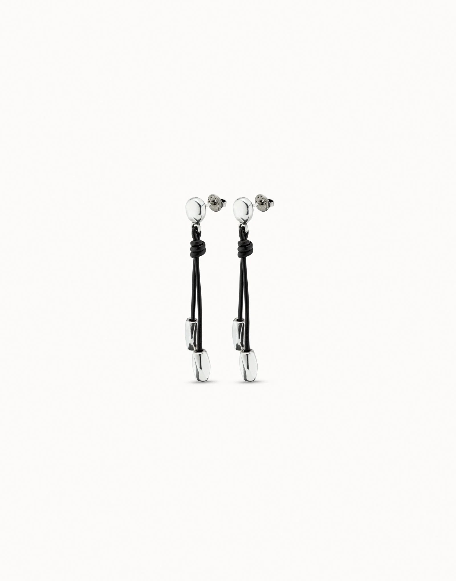 UNOde50 Path Black Leather and Silver Drop Earrings showing that back stud on a white background