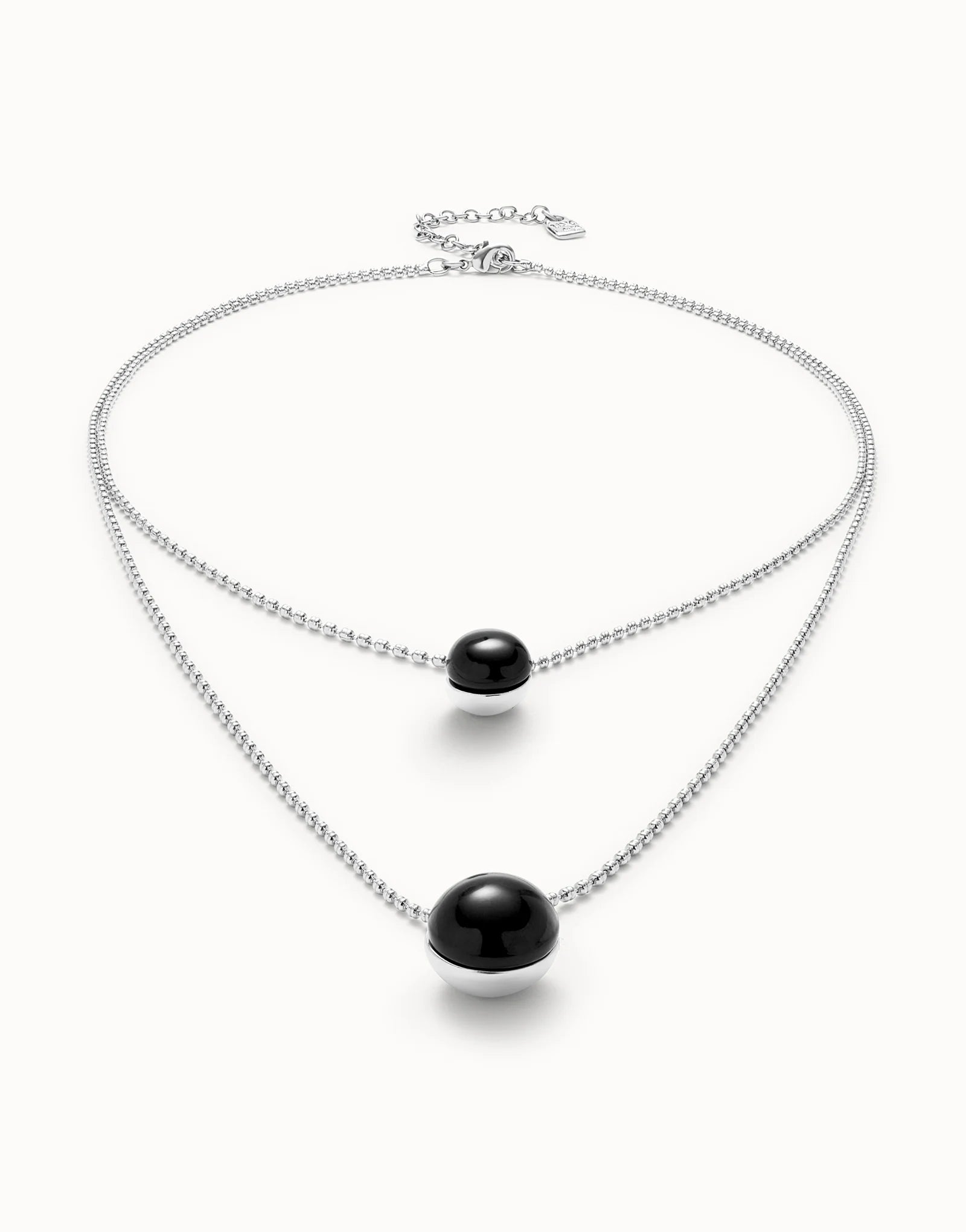 UNOde50 Ser Fascinante Silver Double Necklace with Black Murano Glass Pendants on a white background
