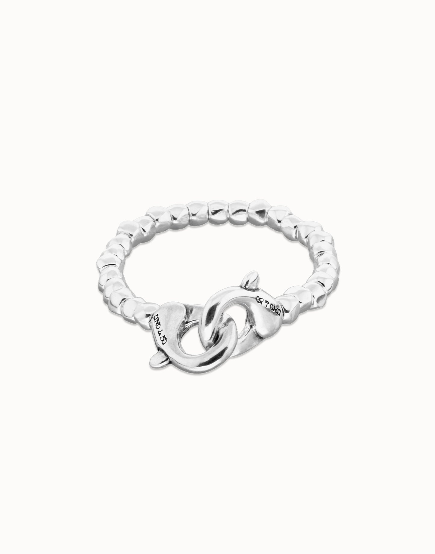 UNOde50 Ser Inseparable Silver Sphere Beaded Bracelet with brank logos on clasps on white background