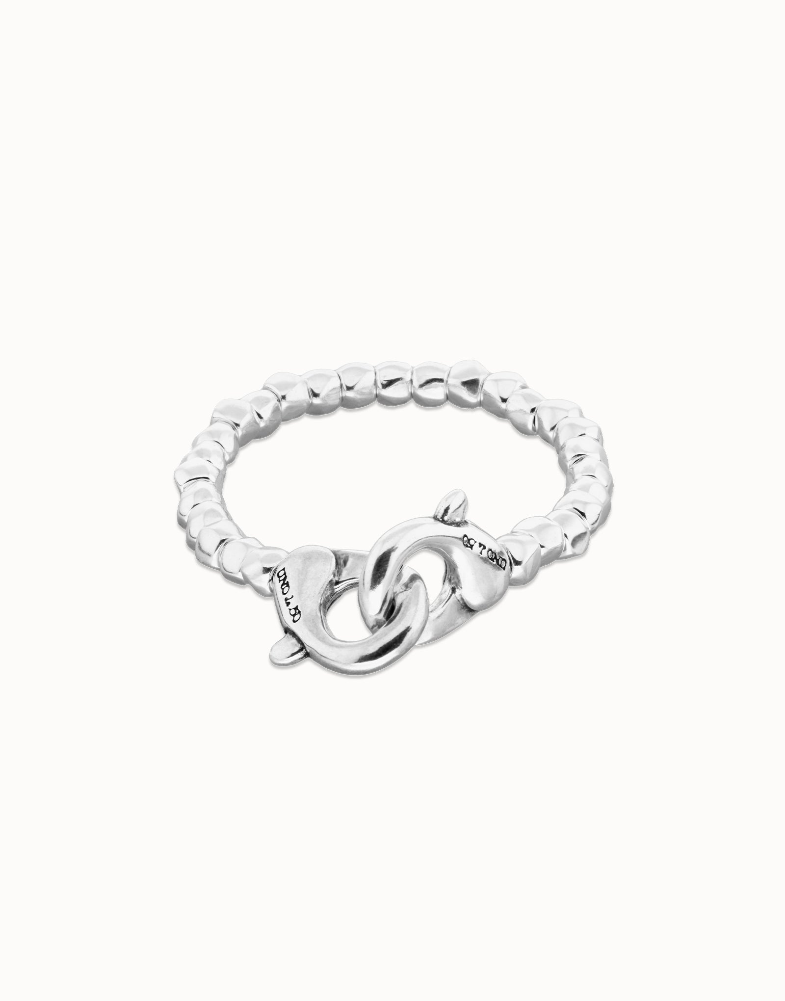 UNOde50 Ser Inseparable Silver Sphere Beaded Bracelet with brank logos on clasps on white background