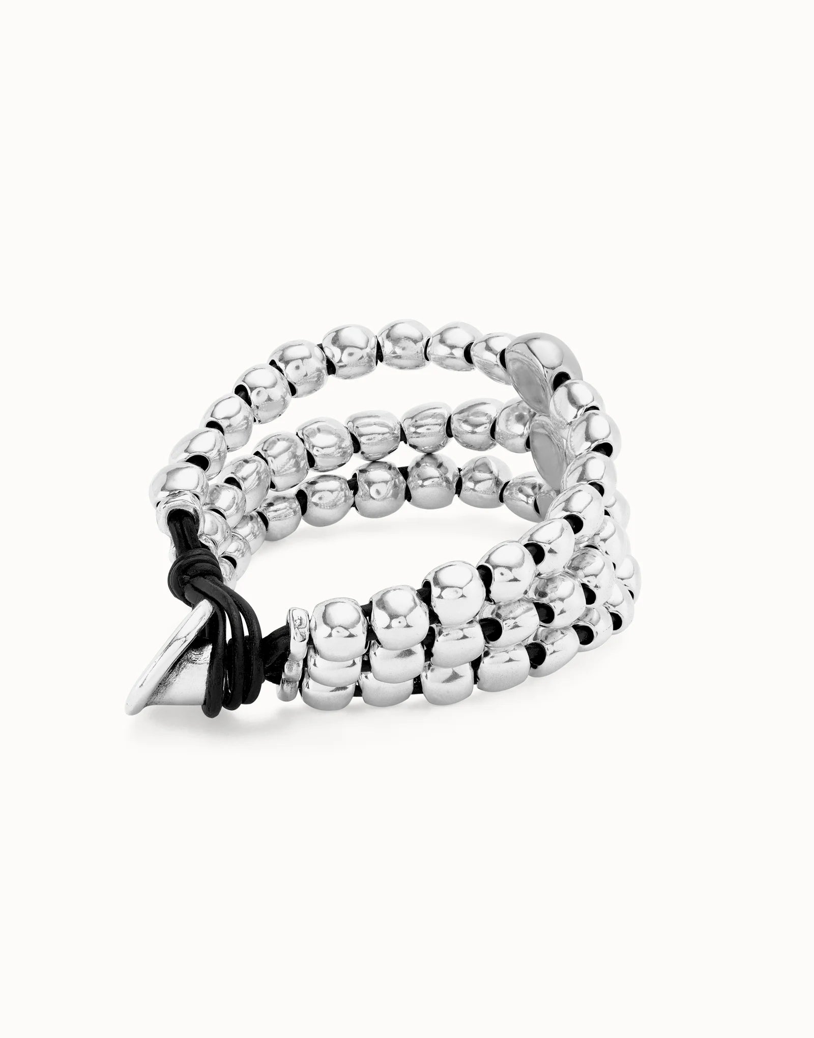 UNOde50 Ser Intrepida Three Strand Beaded Silver Bracelet with leather clasp on a white background