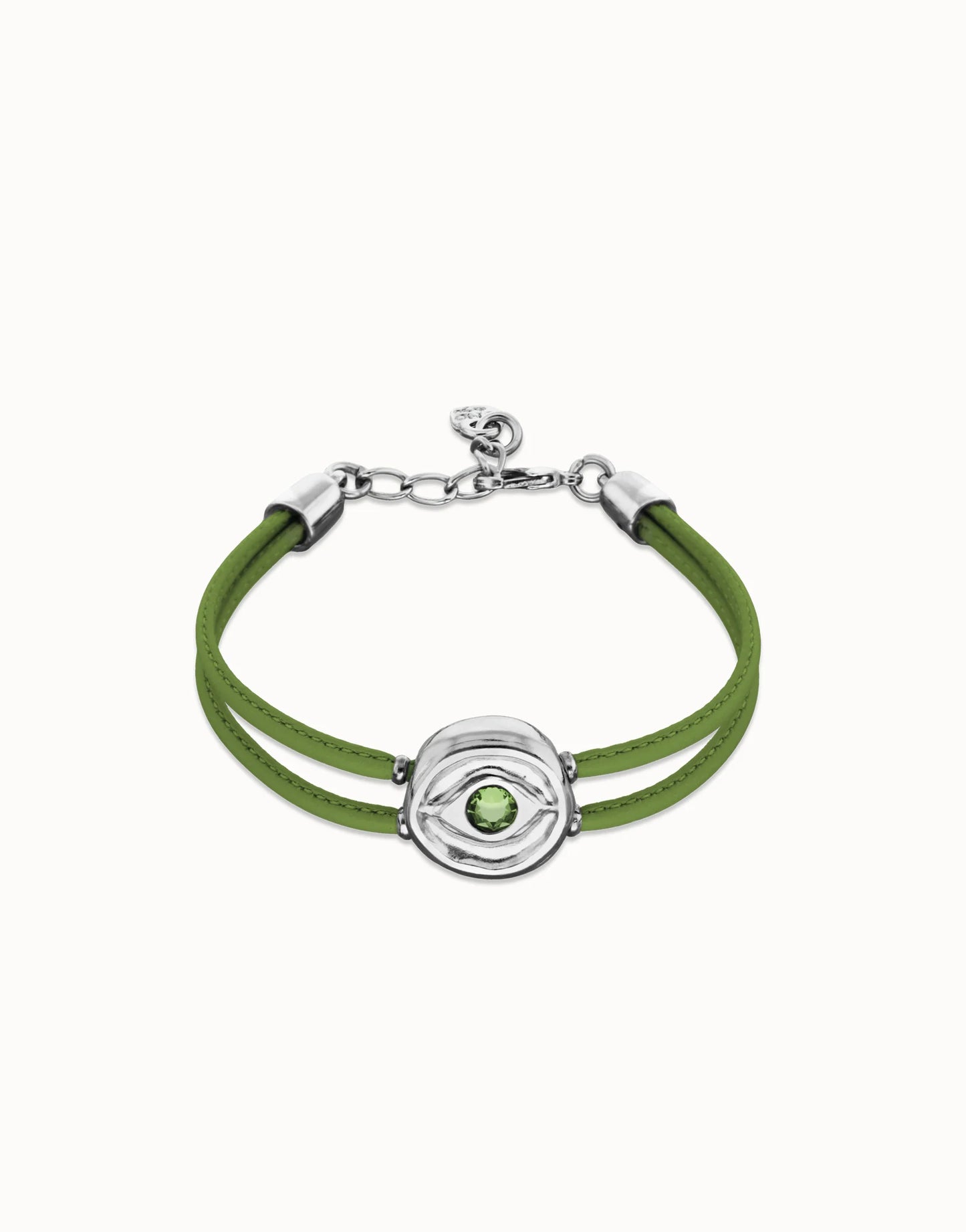 UNOde50 Green bracelet with silver clasp and silver circular decal with green stone on a white background