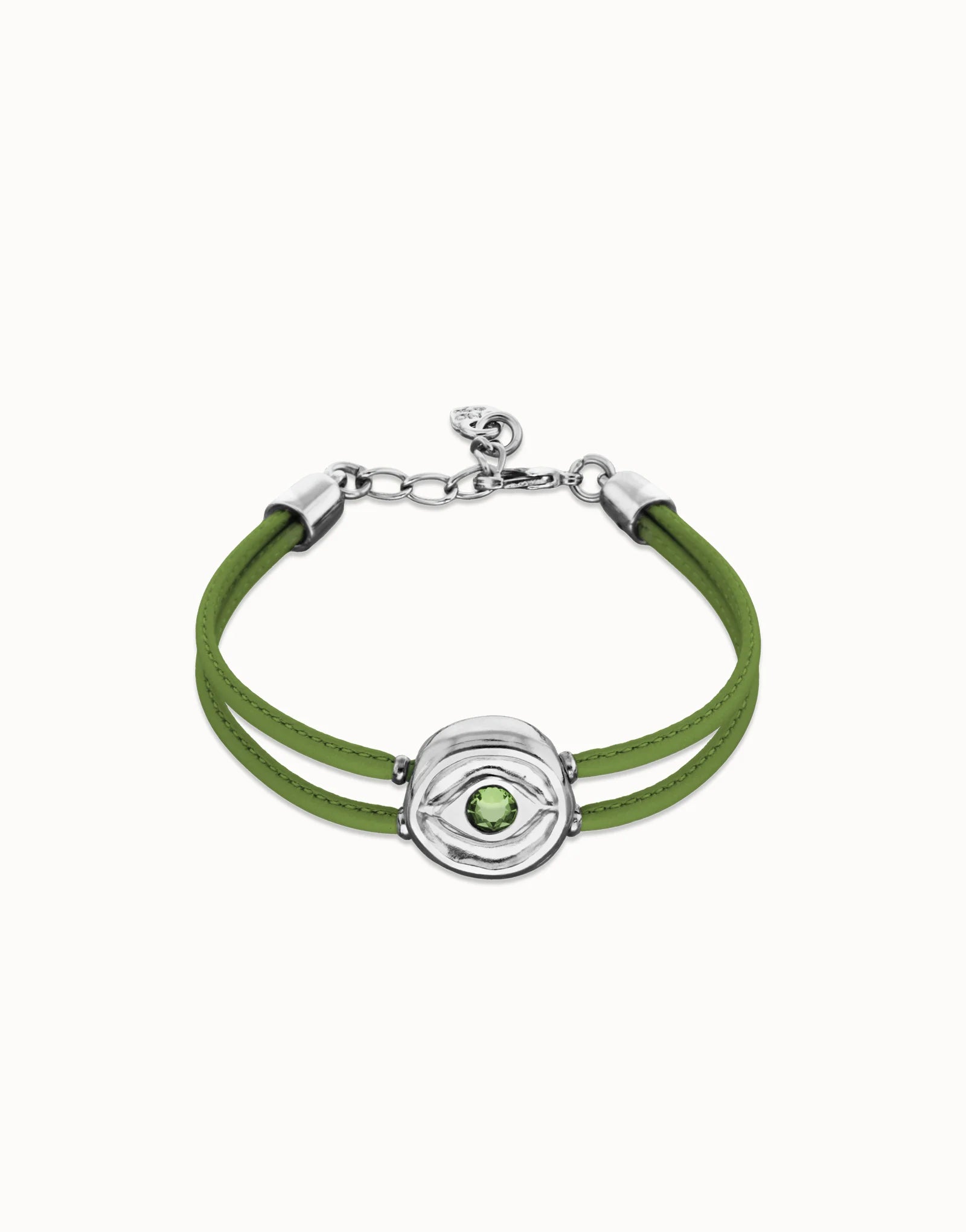 UNOde50 Green bracelet with silver clasp and silver circular decal with green stone on a white background