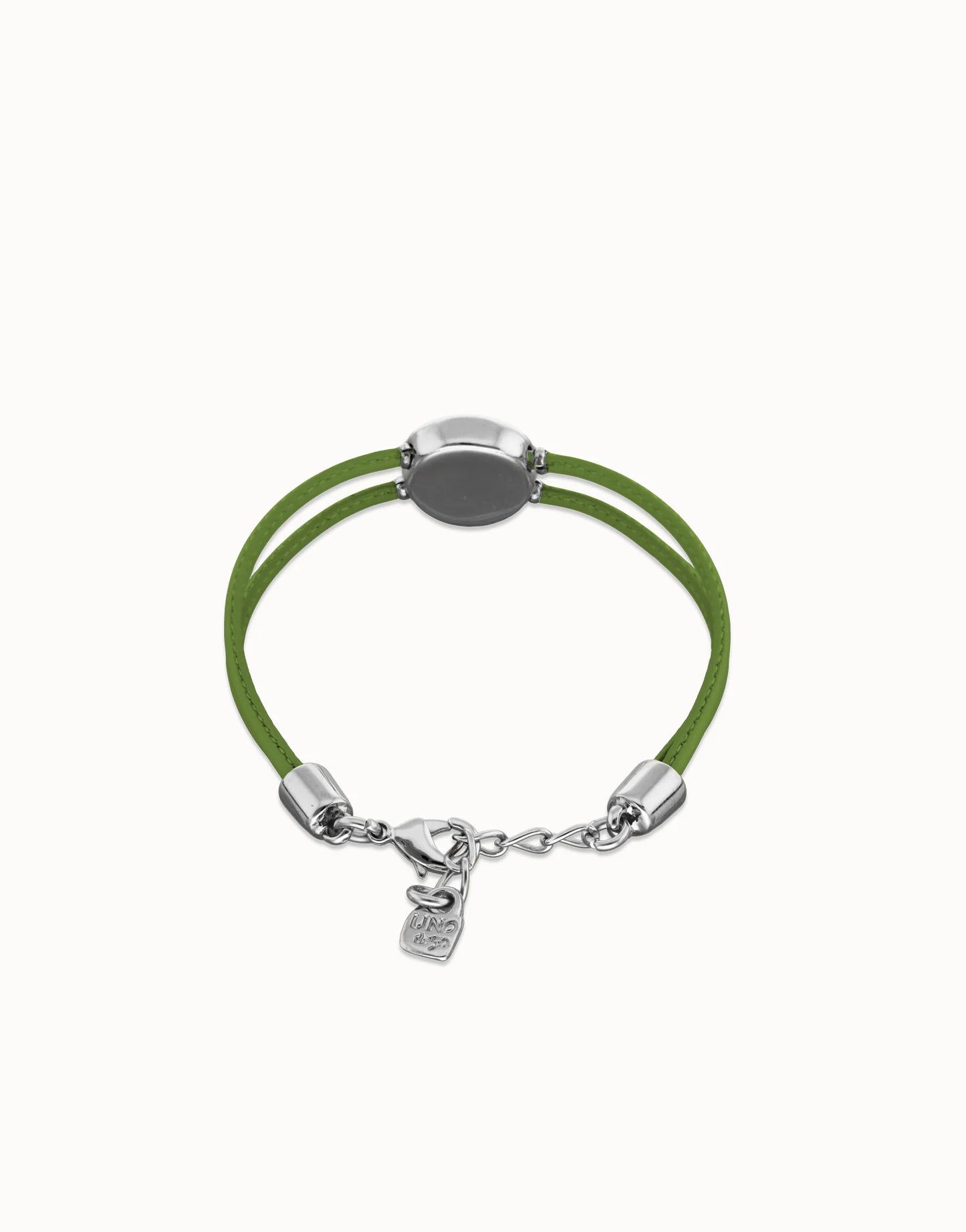 Back view of an SALE UNOde50 Ser Intuitiva Double Green Leather Bracelet with Silver and Green Crystal
