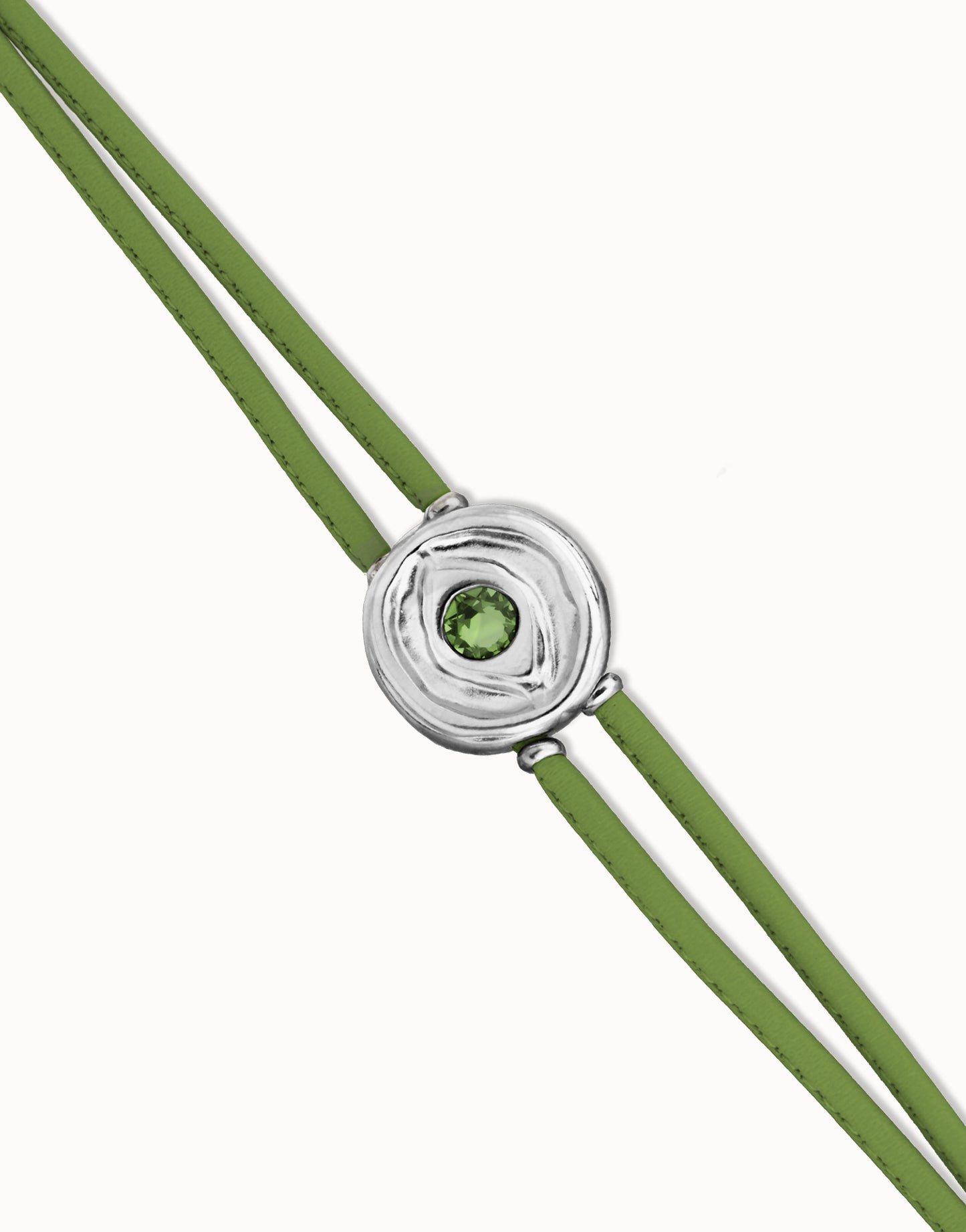 UNOde50 Green leather strap with a silver clasp featuring a green gemstone on a white background