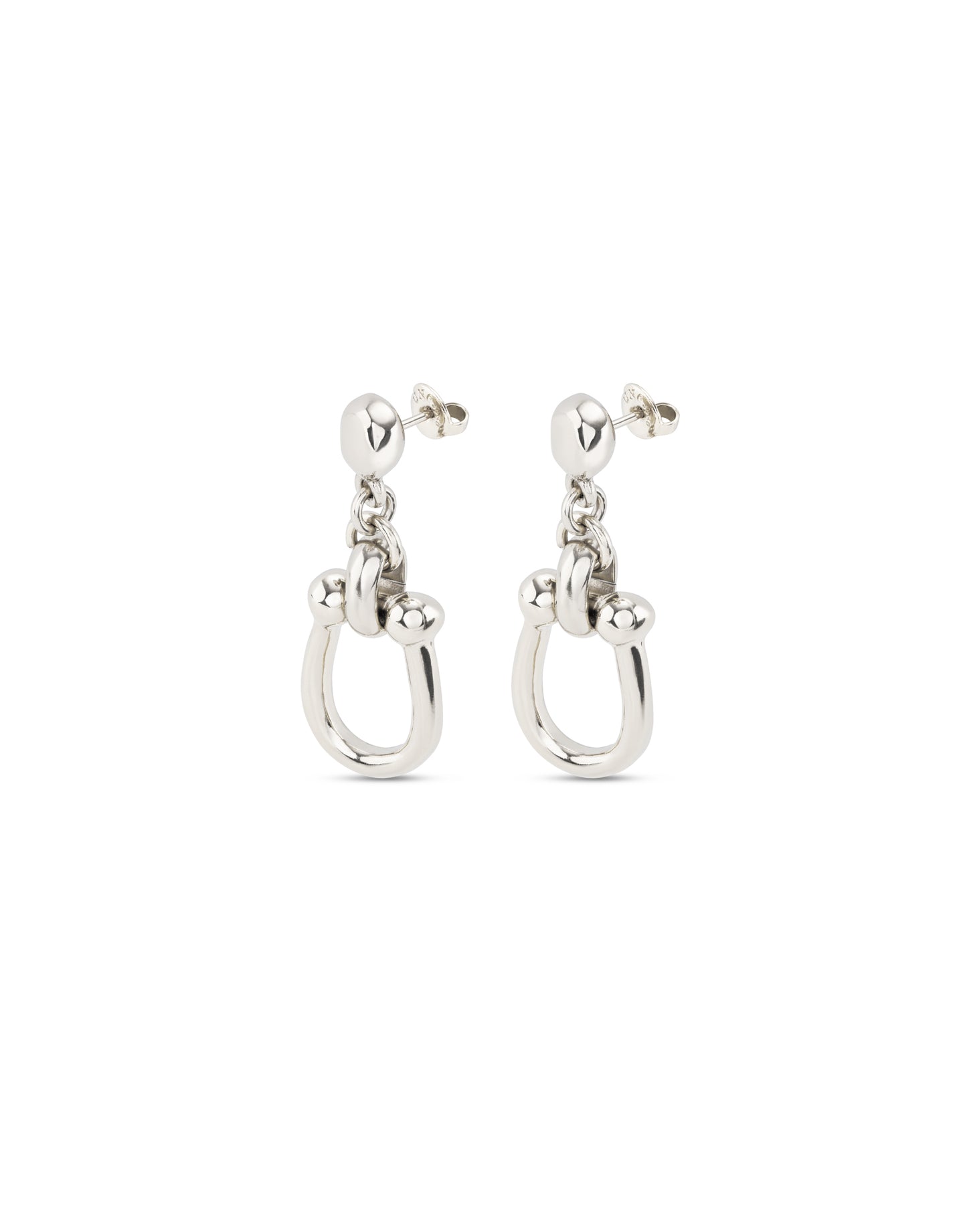 Side view of UNOde50 Serotonin Silver Drop Earrings with Medium Sized Link with earring backs on white background