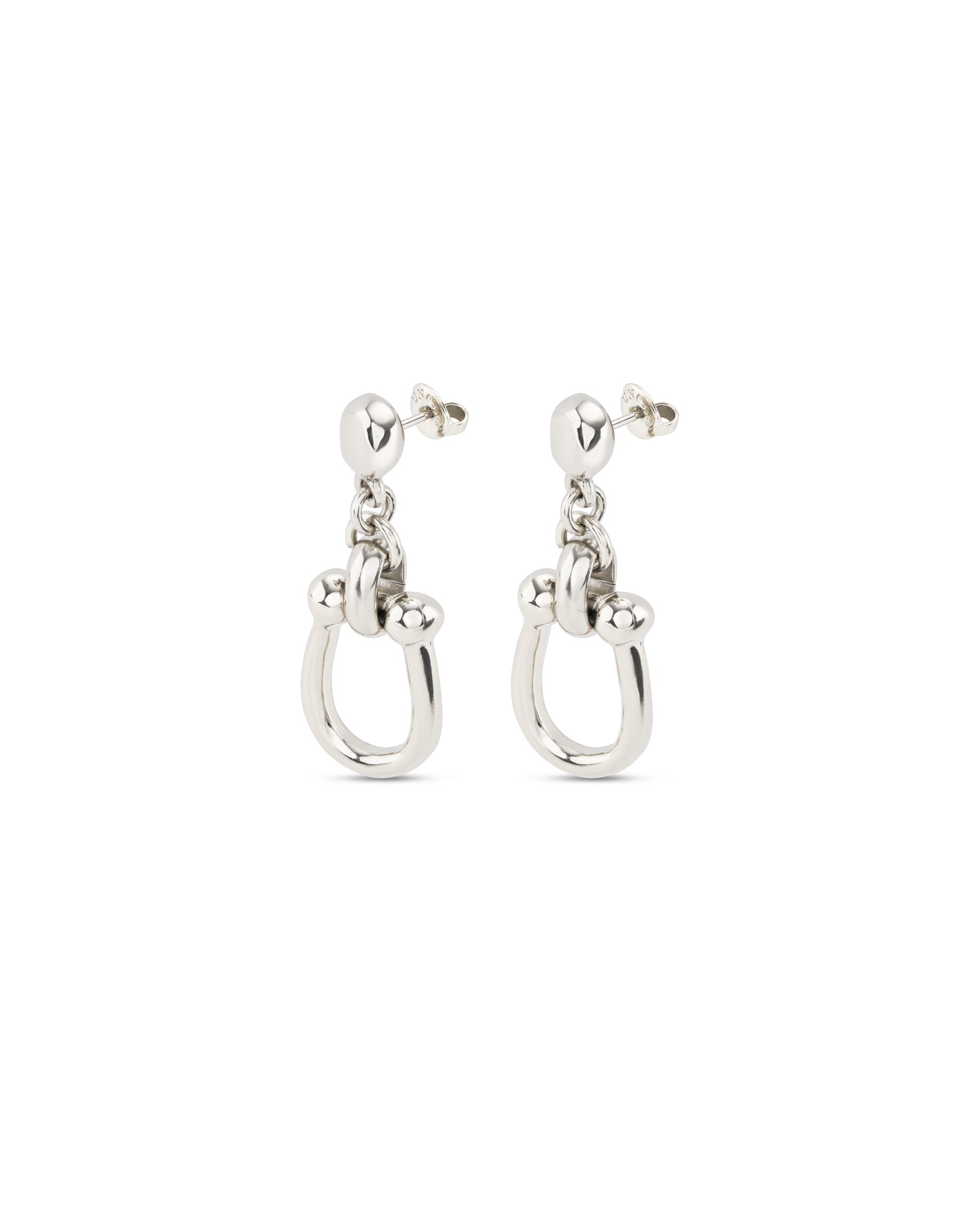 Side view of UNOde50 Serotonin Silver Drop Earrings with Medium Sized Link with earring backs on white background