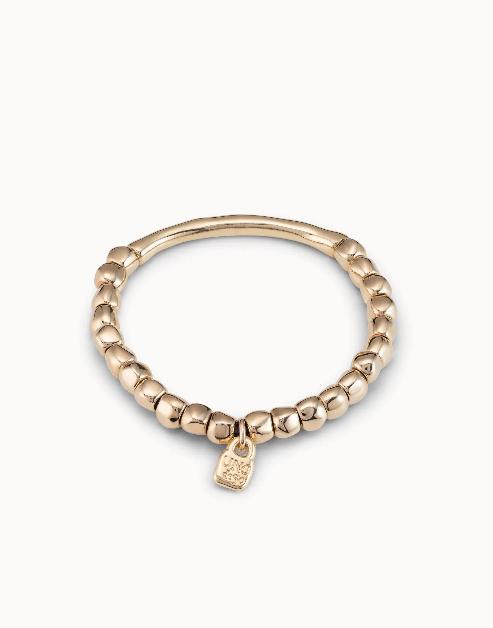 UNOde50 Trabel Gold Beaded Stretch Bracelet with Tubular Accent and padlock charm