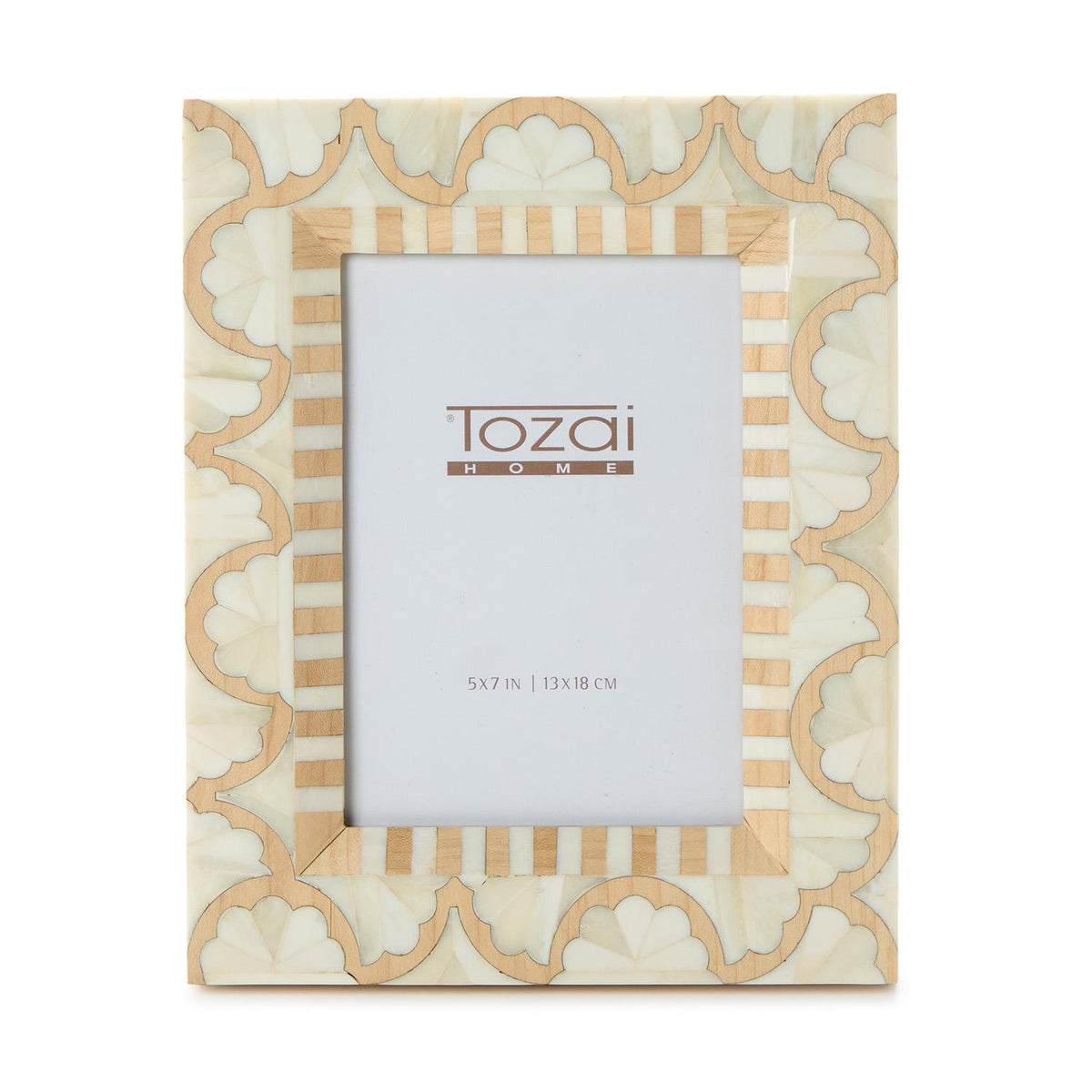 Decorative picture frame with an intricate inlay pattern of beige, cream, and light brown geometric and floral motifs with 'Tozai Home' 