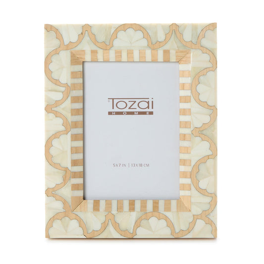 Decorative picture frame with an intricate inlay pattern of beige, cream, and light brown geometric and floral motifs with 'Tozai Home' 