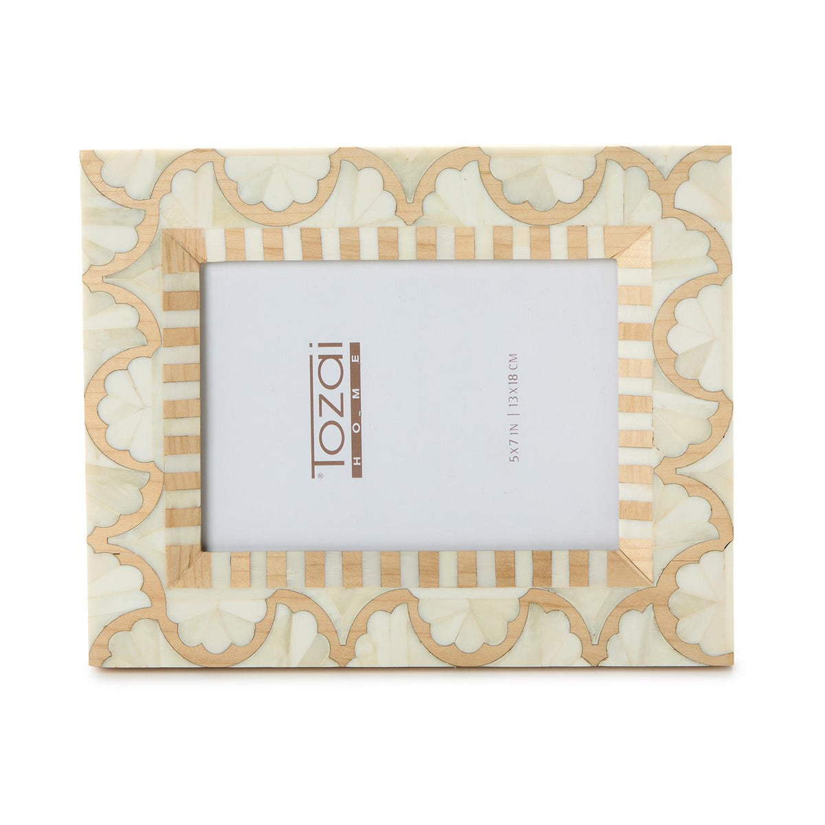 A rectangular picture frame with an intricate inlay pattern of beige, cream, and light brown geometric and floral motifs, shown on a plain white background.