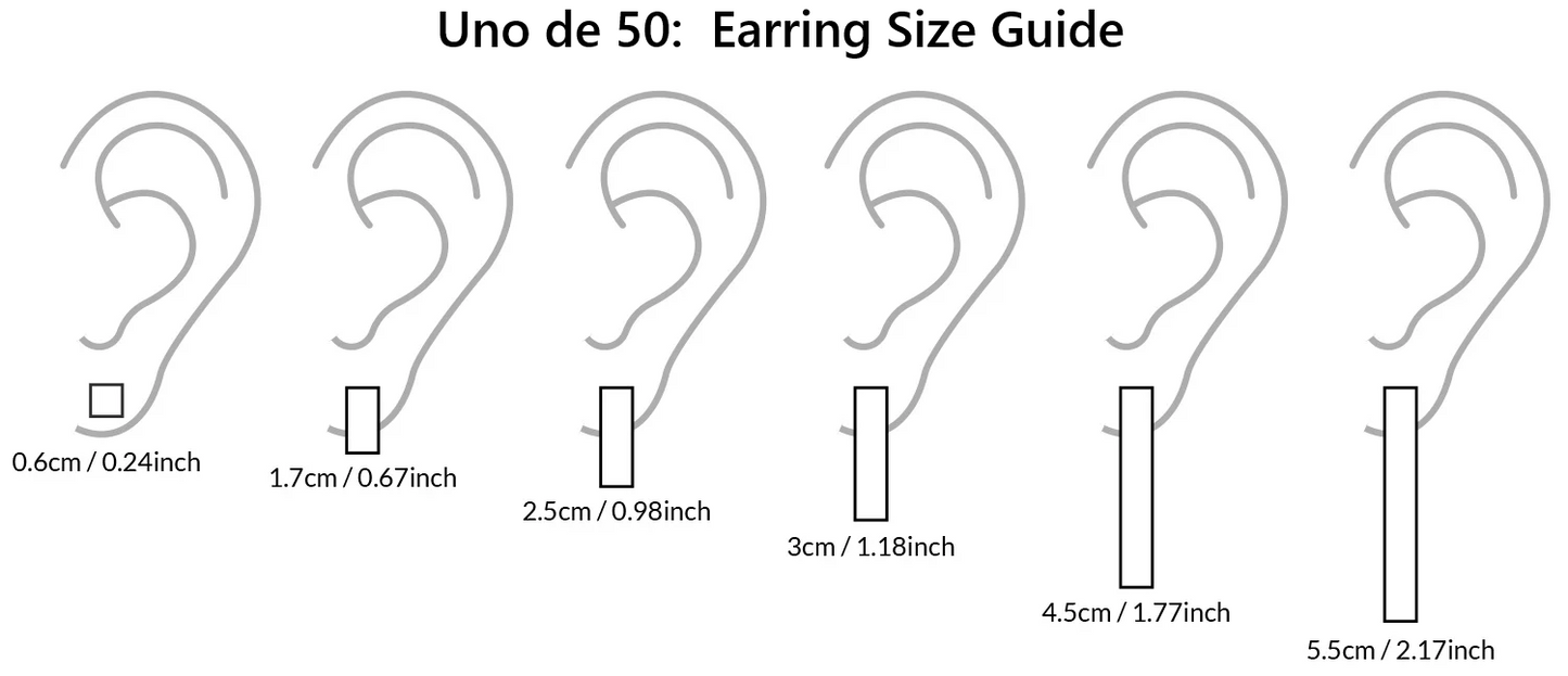 UNOde50 Earring size guide with labeled measurements on a white background