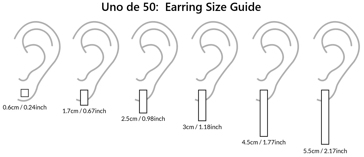 UNOde50 Earring size guide with labeled measurements on a white background