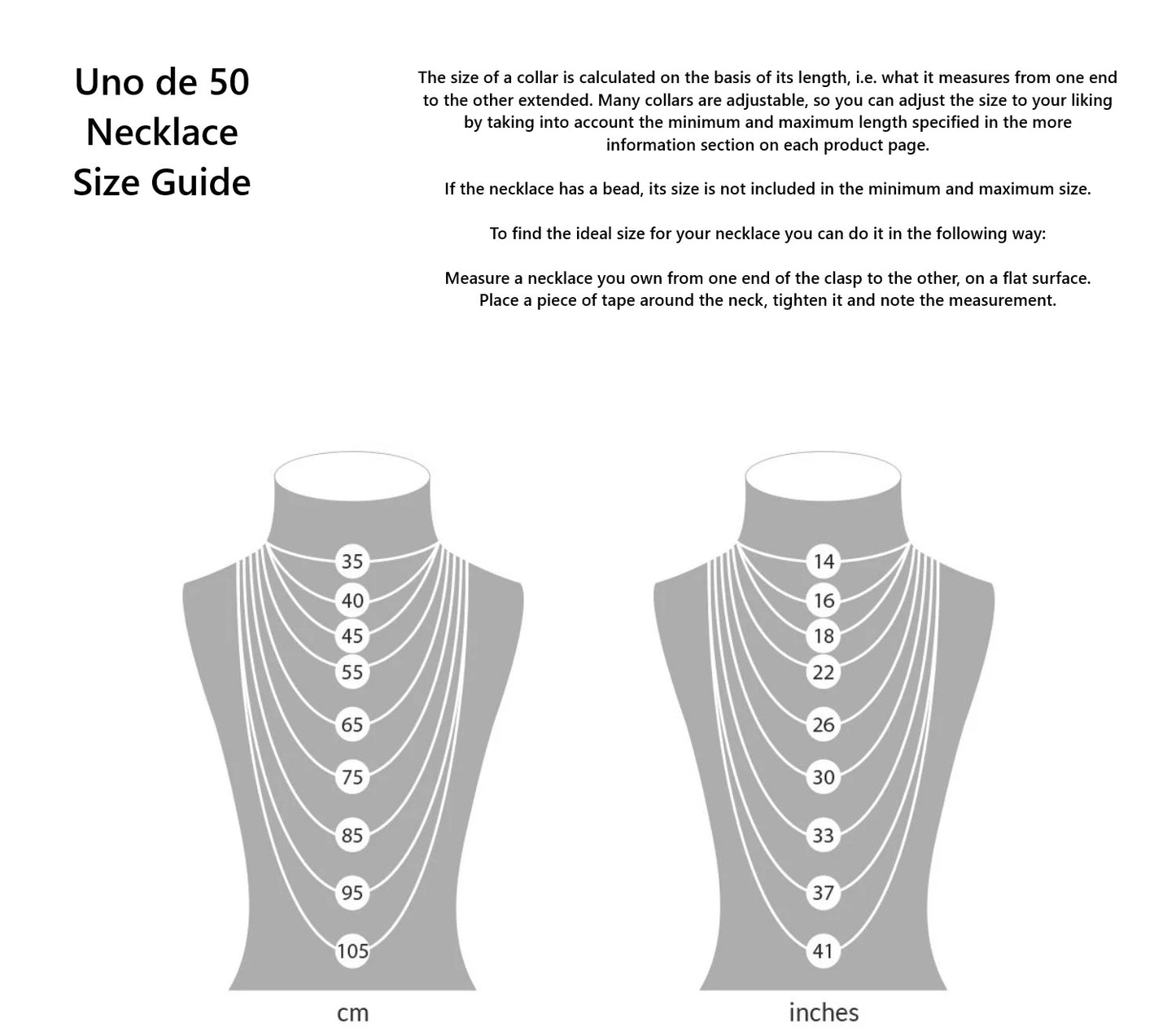 Uno de 50 Necklace size guide with measurements in centimeters and inches on a white background