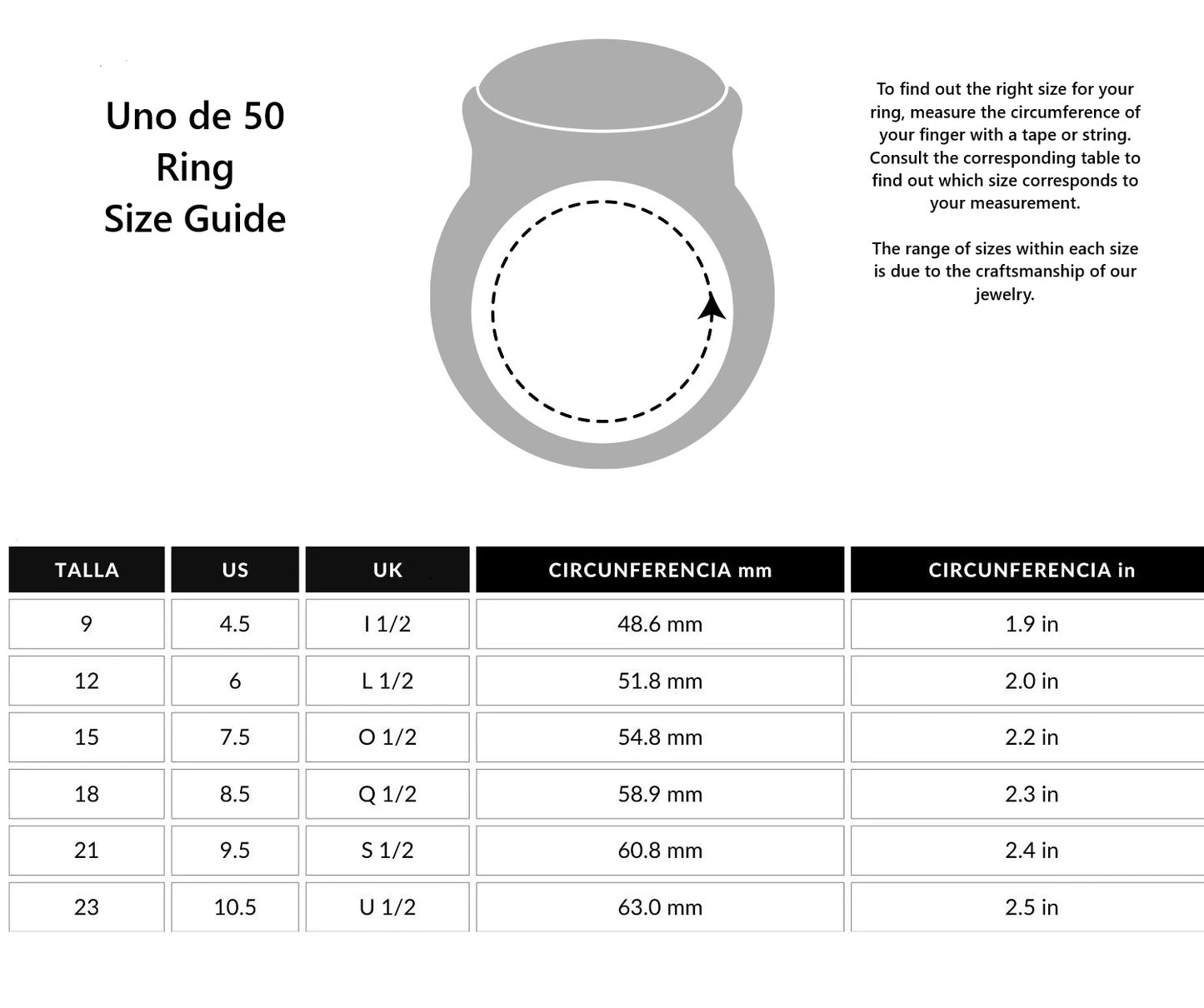 Ring size guide with measurement chart for Uno de 50 rings