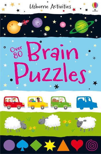Usborne Activities book over 80 Brain Puzzles with horizontal strips with solar system, sky, cars, sheep and shapes on the front