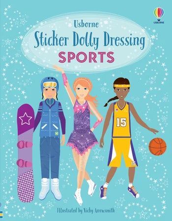 Usborne sticker dolly dressing book with a sports theme and a turquoise book cover with a snowboarder, an ice skater and a basketball player on the cover
