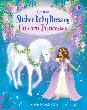 Usborne sticker dolly dressing unicorn princesses book.  with a blue cover and a picture of a princess in a purple gown touching a white unicorn with flowers