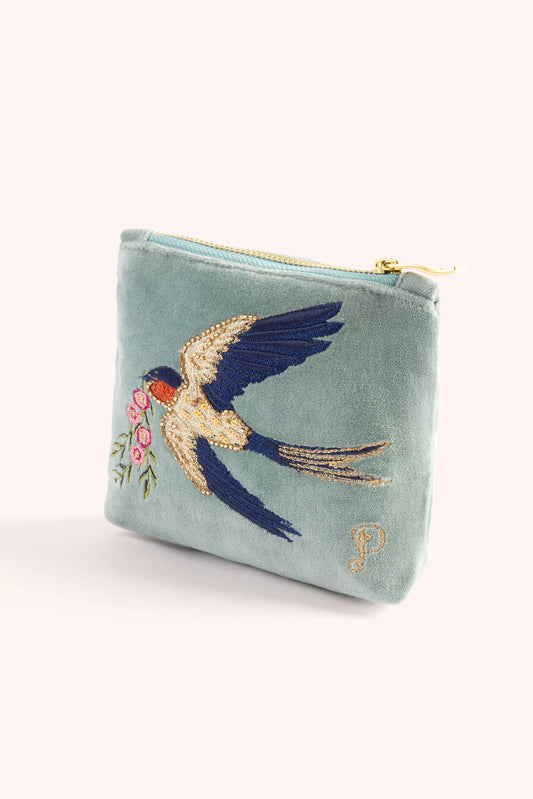 Embroidered Velvet Mini Pouch Swooping Swallows