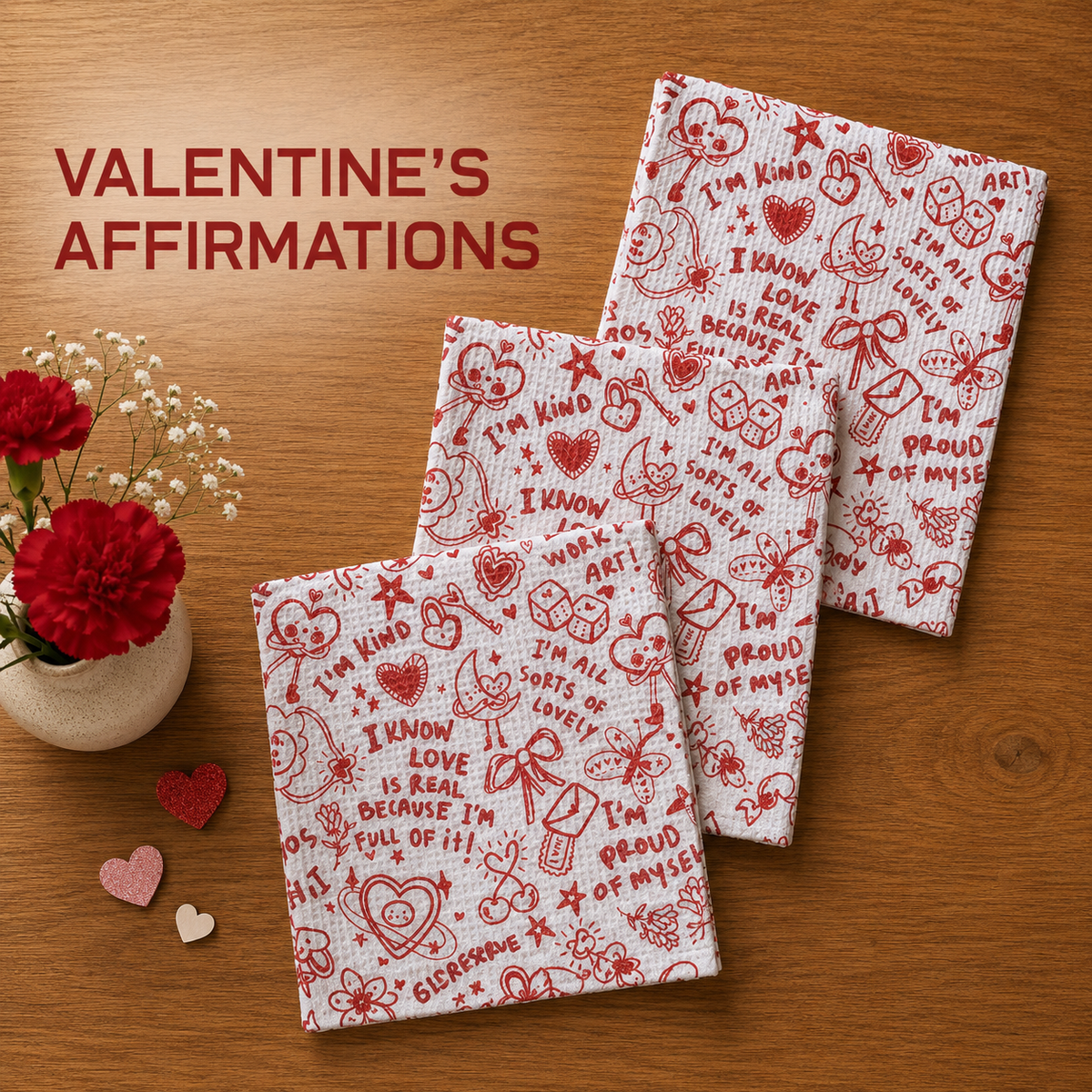 Geometry Valentine's Affirmations dishcloth set with Three white woven fabric cloths with red Valentine's-themed doodles and affirmations are arranged on a wooden surface beside red and pink heart decorations and a small vase of flowers. The words 'VALENTINE'S AFFIRMATIONS' appear in red at the upper left.  The Little Exchange SKU 145375