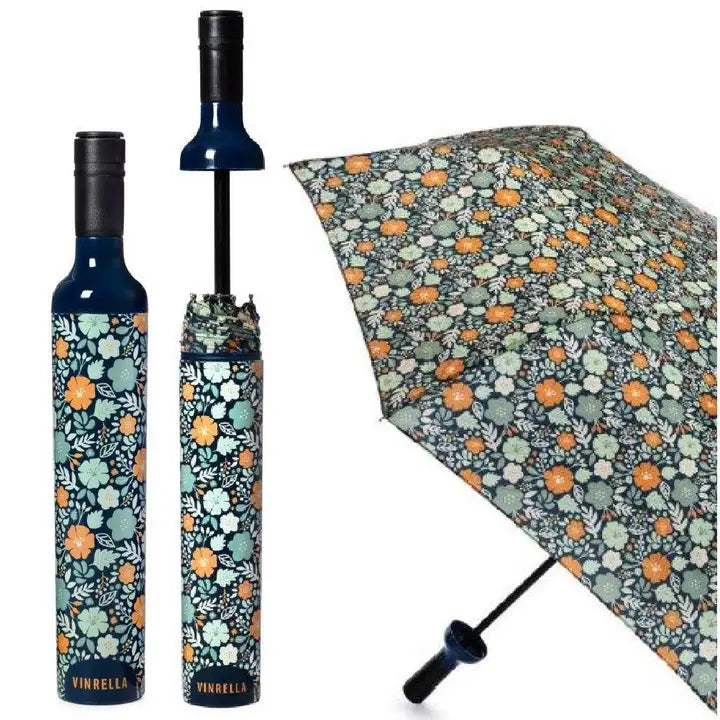 Floral-patterned umbrella and bottle-shaped container with 'Vinrella' branding on a white background.