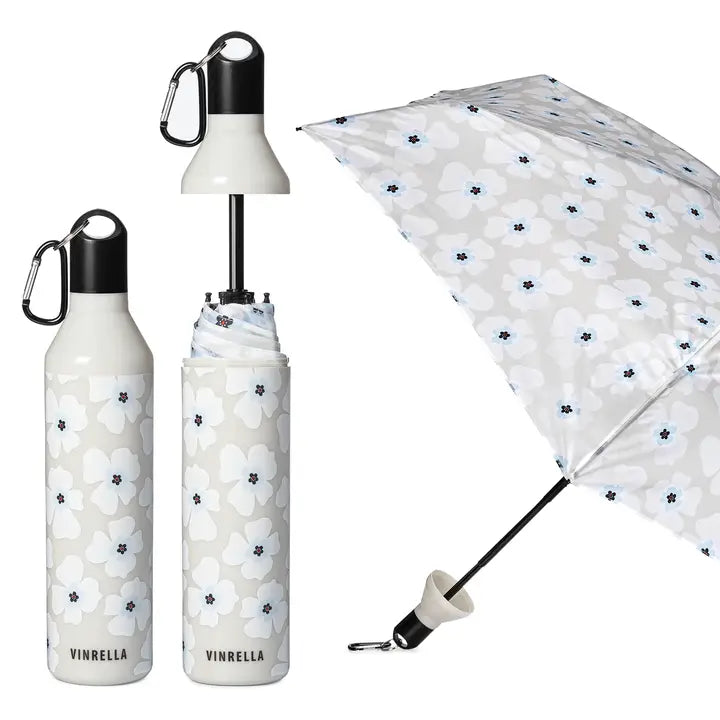 Vinrella Nikki on Gray umbrella and water bottle with floral design on a white background