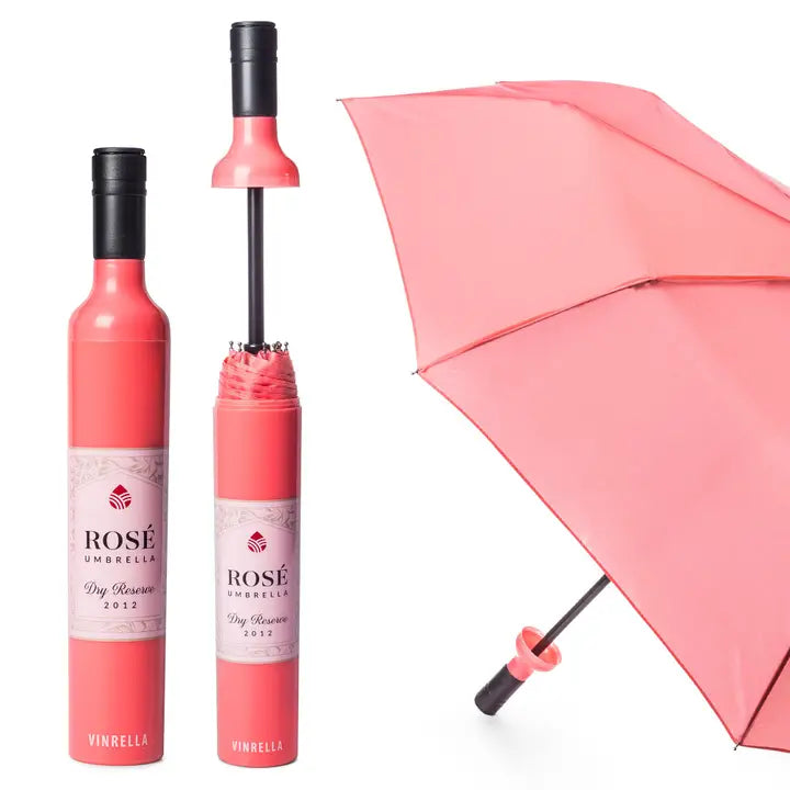 Pink rose-themed Vinrella umbrella with bottle design on a white background