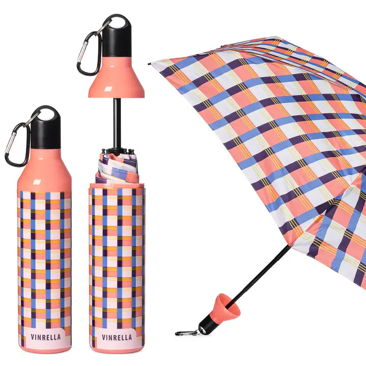 Vinrella umbrella and water bottle with plaid design on a white background