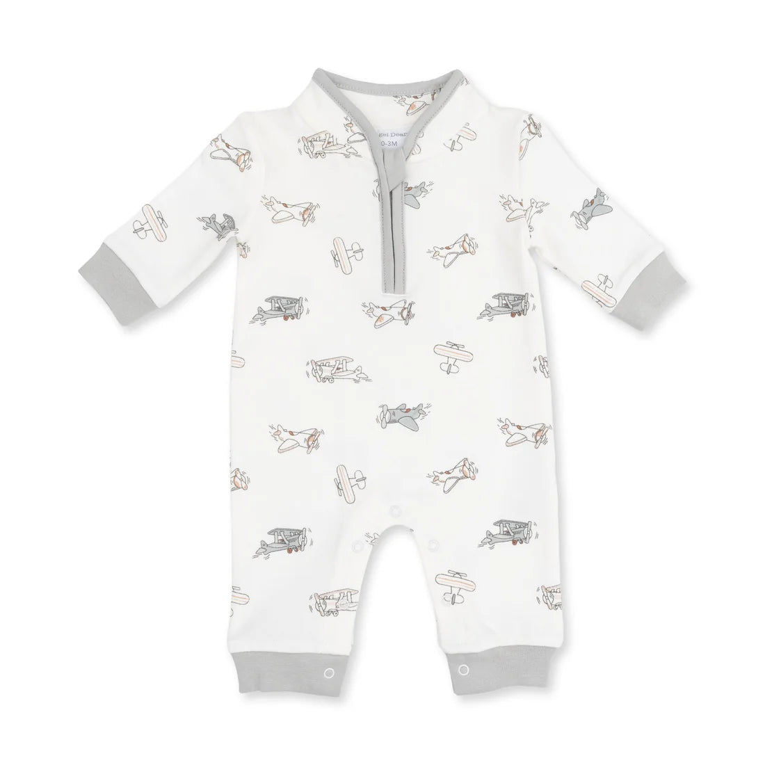 Angel dear vintage pilots baby long-sleeve footless romper in white with a gray and beige airplane print, featuring a gray zipper at the collar and gray cuffs.