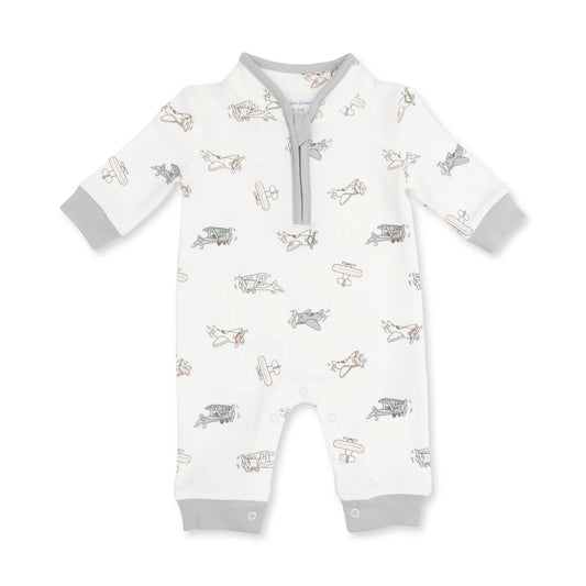 Angel dear vintage pilots baby long-sleeve footless romper in white with a gray and beige airplane print, featuring a gray zipper at the collar and gray cuffs.