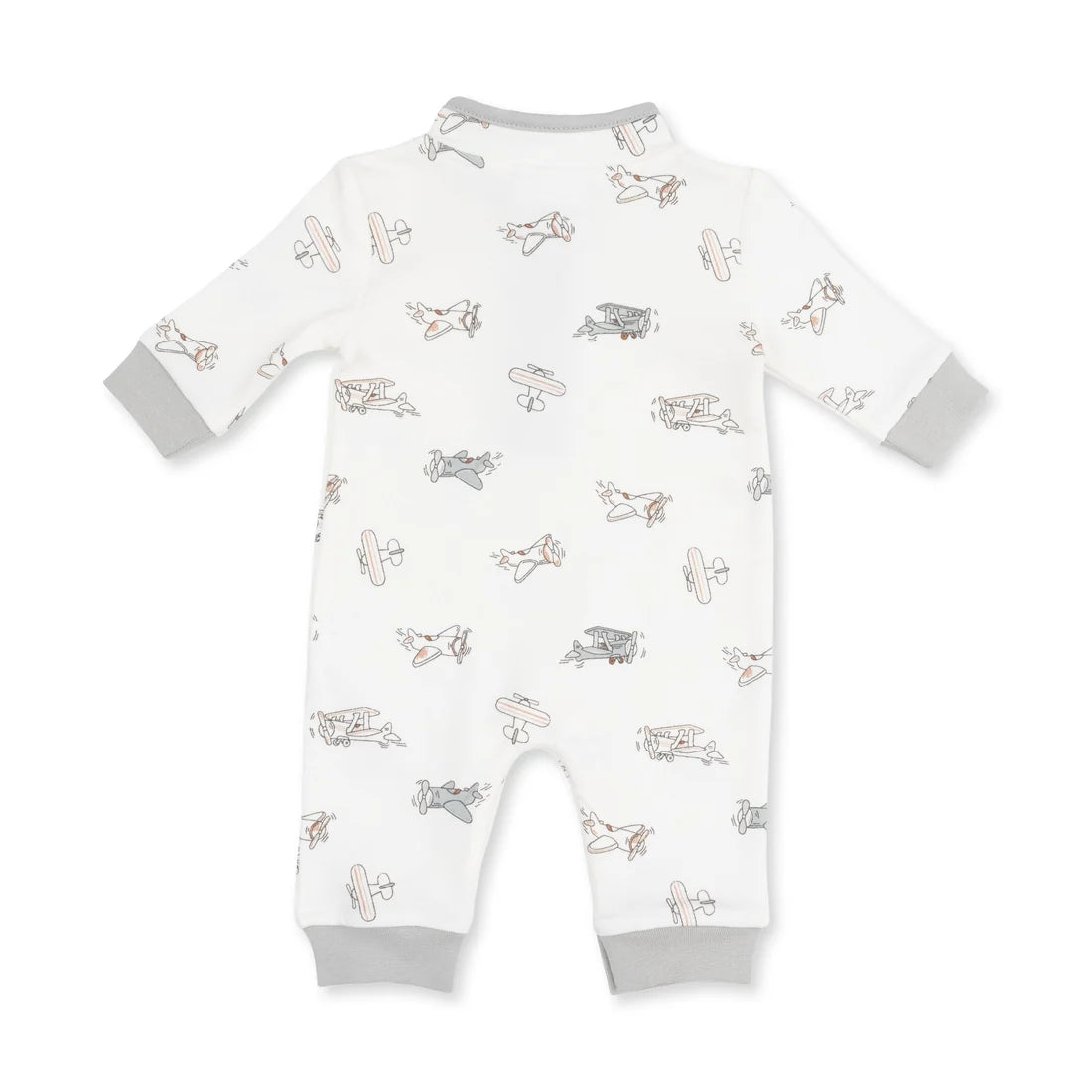 Angel dear vintage pilots baby long-sleeve footless romper in white, featuring a delicate all-over print of small airplanes and birds in gray and beige, with contrasting gray cuffs and leg hems.