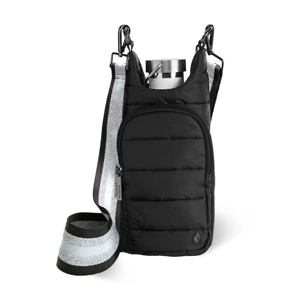 Black insulated water bottle carrier with a water bottle on a white background