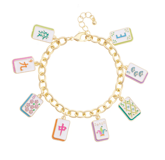 Wanna Mahj? Enamel Charm Bracelet Pastel with gold chain links and multiple mahj cards in various pastel colors
