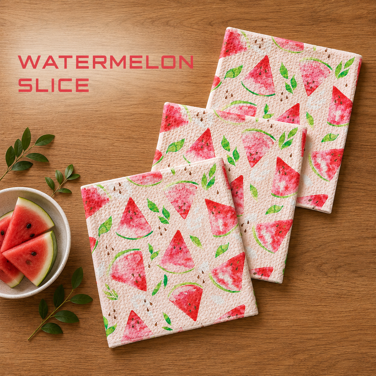 Geometry Watermelon slice dishcloth set with Three square watermelon slice patterned coasters arranged on a wooden tabletop, with a small bowl of watermelon slices and green leaves nearby. The words 'WATERMELON SLICE' appear in pink text at the upper left.  The Little Exchange SKU 148469