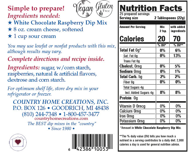 Nutrition facts label and ingredients list for a white chocolate raspberry dip mix.