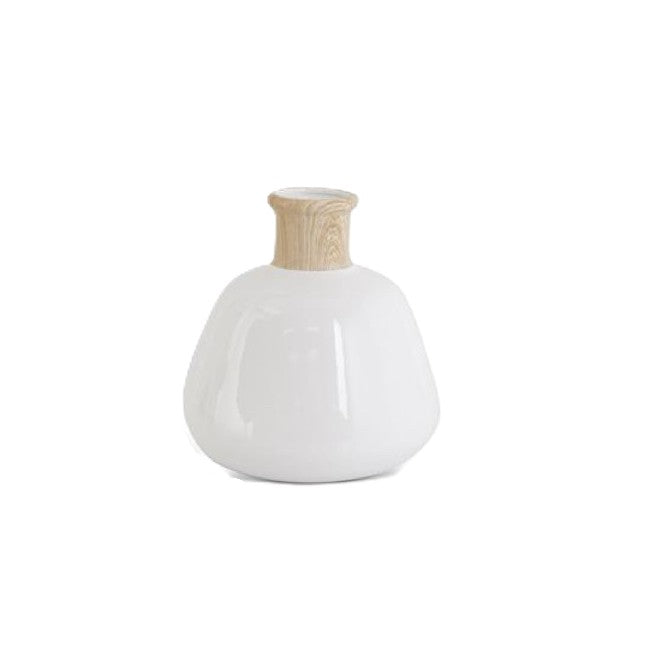 Beautiful white stoneware vase with a light colored wooden accent around the mouth of the vase.  