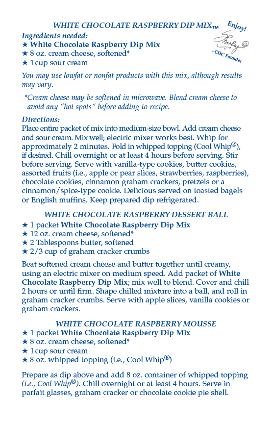 Recipe card for White Chocolate Raspberry Dip Mix with ingredients and directions.