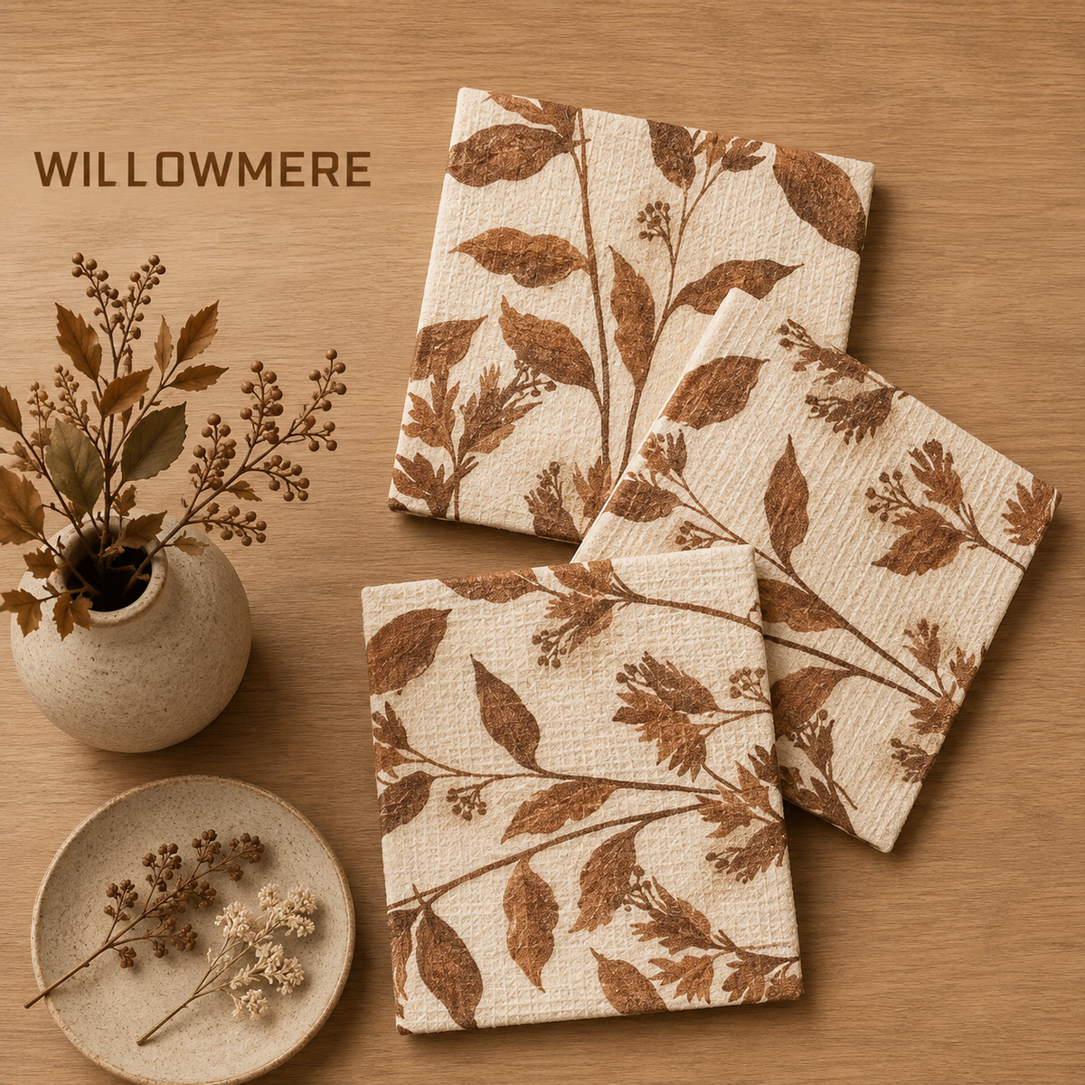 Geometry Willowmere dishcloth set with Three square cloth napkins with a brown leafy vine pattern on a cream linen-like background, arranged on a wooden tabletop. A small vase with dried stems and a shallow dish with loose botanicals sit to the left.  The Little Exchange SKU 150059