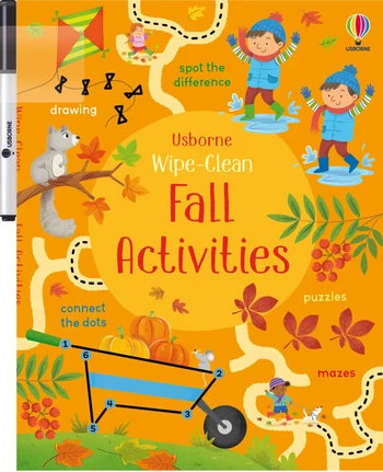 Front cover of the Usborn Wipe clean fall activities book, orange with fall leaves and pumpkins and kids playing

