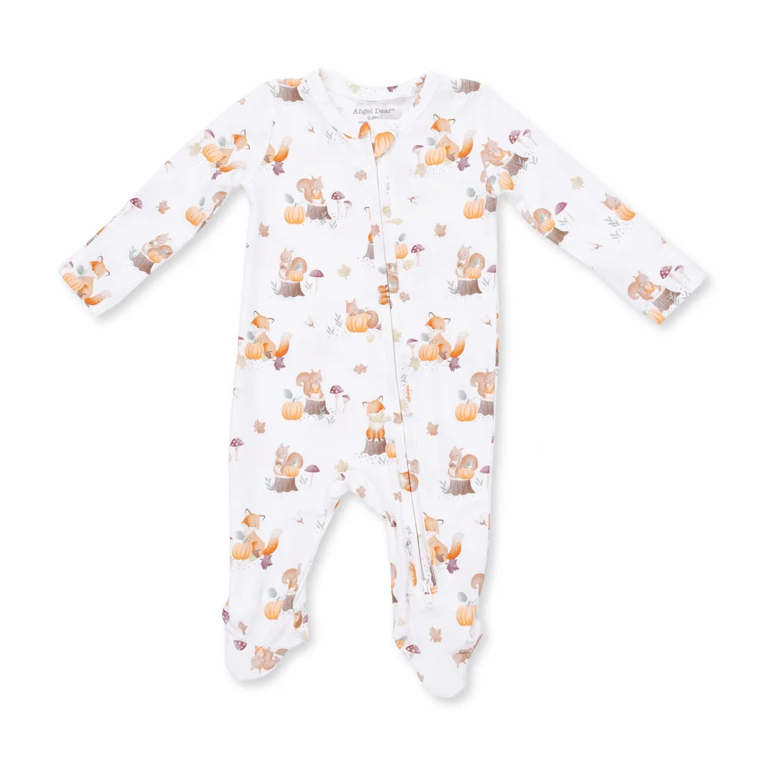 Angel dear woodland animals with pumpkins footie  white long-sleeve footed sleeper with a cute print of orange foxes, brown squirrels, and autumn leaves, shown flat on a white background.