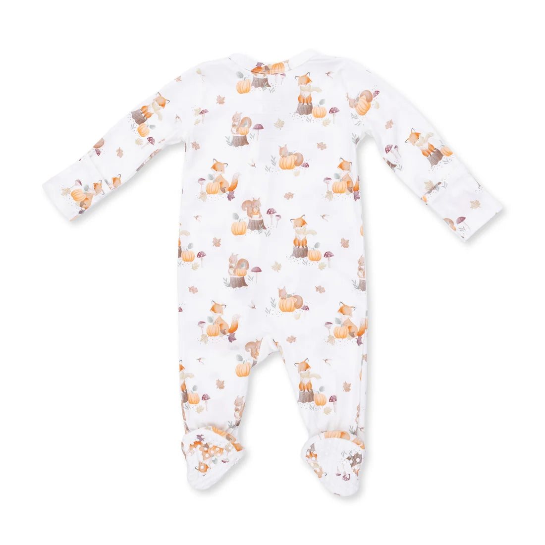 Angel dear woodland animals with pumpkins baby footed sleeper in white with an all-over autumn print of orange pumpkins, brown foxes, and beige leaves, laid flat on a white background.