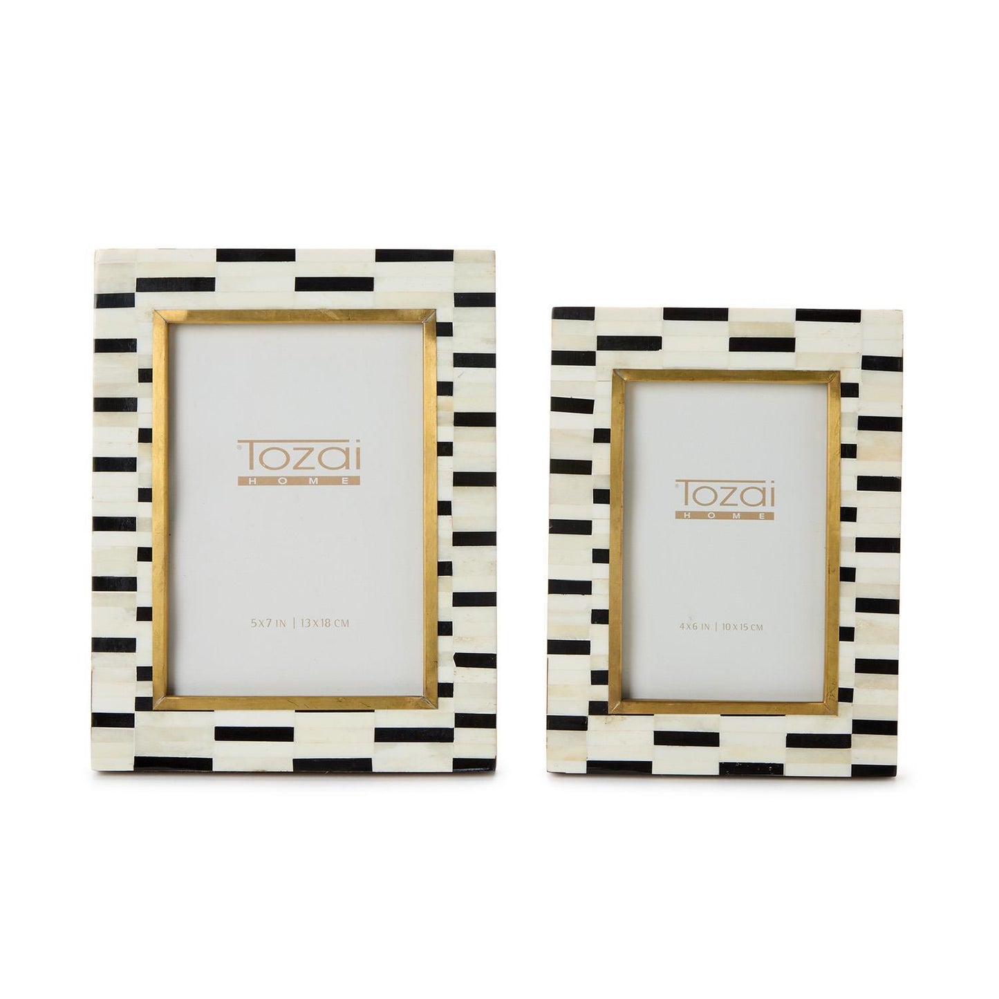 Two black and white striped picture frames with gold accents on a white background, featuring the brand 'Tozai'.