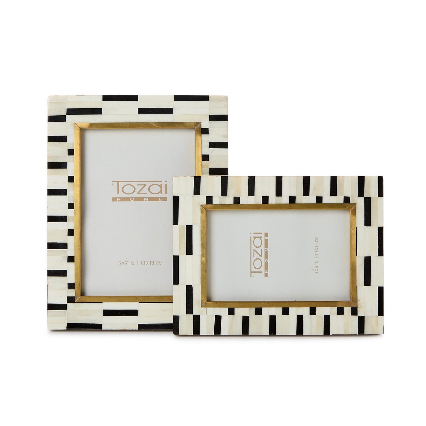 Two photo frames with black and white striped design on a white background